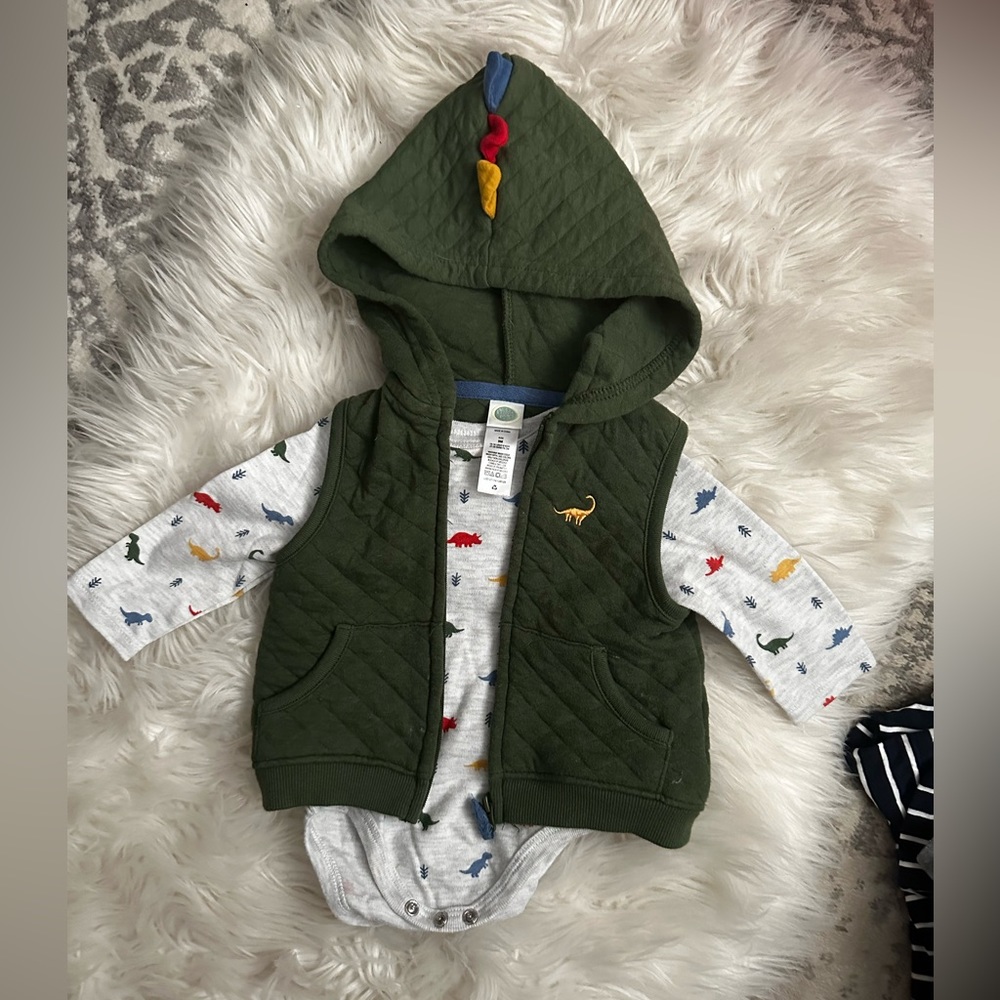 4 piece set. Two vests, 1 pair of pants, 1 long sleeve. 6-9 months.